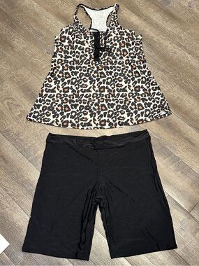 2-Piece Leopard Black Tankini and Swim Shorts Bathing Shit Set 3XL 4XL NWOT